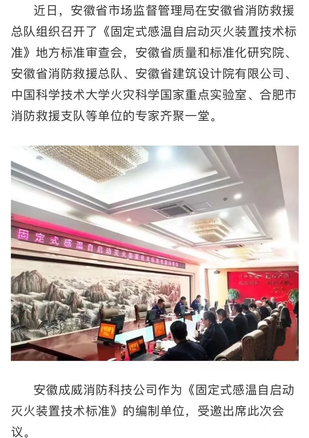 安徽省地方標(biāo)準(zhǔn)《固定式感溫自啟動(dòng)滅火裝置技術(shù)標(biāo)準(zhǔn)》評(píng)審會(huì)順利召開