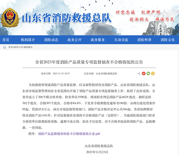 山東全省2023年度消防產(chǎn)品質(zhì)量專項(xiàng)監(jiān)督抽查